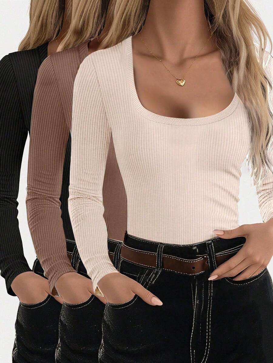 EMERY ROSE Áo thun dài tay dáng ôm, màu trơn, có gân dành cho nữ, cỡ lớn. - Nhiều màu - Xem 1