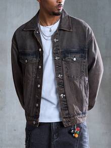 ROMWE MEN Street Life Men's Casual Retro Airplane Buckle Collar Denim Jacket - Black - View 7