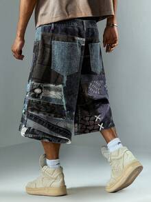 ROMWE MEN Street Life Men's Digital Dark Academy Denim Shorts - Blue - View 3