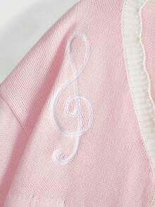 ROMWE Kawaii Áo khoác cardigan nữ kiểu dáng tối giản, họa tiết nốt nhạc thêu nơ, viền tương phản, thích hợp cho mùa Thu/Đông. - Hồng - Xem 4