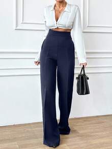 EURMUSE Calça feminina casual de cintura alta e perna reta, tamanho petite. - Azul marinho - Ver 5