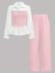 SHEIN Girlism 2pcs/Set Teen Girls Patchwork Long Sleeve Top And Pants,Light Pink,Summer,Y2k,Sweet 16,Back-To-School,Elegant Leisure Wear For Spring/Autumn Winter - Pink - View 4