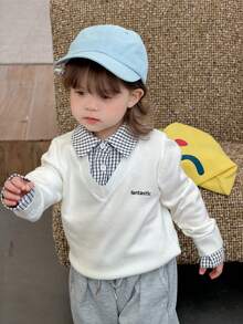 DAZY Toddler Girls' Colorblock Plaid Korean Style Autumn/Winter Letter Embroidery Long Sleeve Sweater - White - View 6