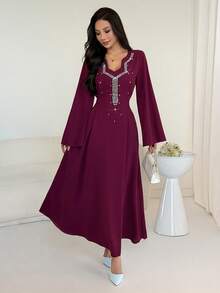 Al Najma Women's Elegant Arabic Style A-Line Dress With Long Sleeves, Cinching Waist And Rhinestone Decor, Suitable For Autumn - Purple - View 5