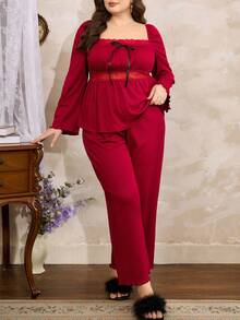 Côtesoire Ensemble décontracté de Top à manches longues avec garniture en dentelle et nœud, et pantalon large pour femmes grandes tailles - Rouge foncé - Voir 4