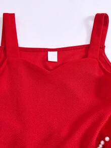 Girls' Sleeveless Fitted Dress,Red And White,Summer,Elegant,Flower Girl Formal Occasion Beaded Embellishment Long Knitted Textured Fabric For Party - Red - View 5