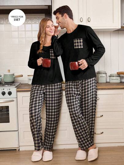 SHEIN Conjunto de pijama casual de hombre con cuello redondo, manga larga y pantalón a cuadros en contraste