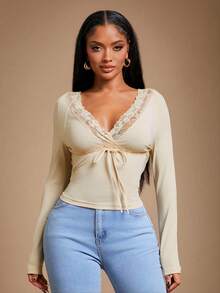 Radiana Women's Sexy Casual Elegant Apricot & Brown Lace Patchwork Long Sleeve V-Neck Fitted T-Shirt, Autumn/Winter Undershirt - Apricot - View 5