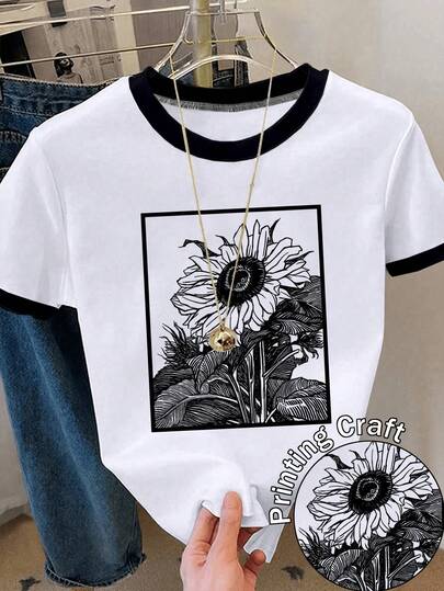 Resyla Women's Floral Print Contrast Trim Round Neck Short Sleeve T-Shirt