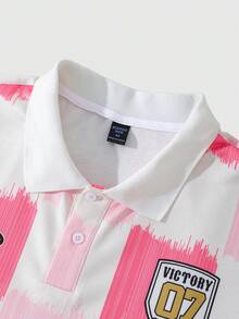 ROMWE MEN Prep Spring/Summer Casual Graphic Pink Men'S Contrast Color Half-Placket Short Sleeve Casual Polo Shirt, Summer - Multicolor - View 3