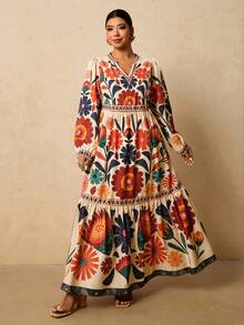 Travachic Vestido Longo Maxi Feminino Plus Size Floral Estampado de Manga Longa para Outono e Inverno, Vestido Maxi Feminino de Inverno com Decote em V, Fantasia de Halloween Estilo Boneca Vestido Longo Casual, Looks de Saída Plus Size Vestido Longo Maxi