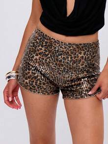 MUSERA Shorts cortos con lentejuelas de leopardo, ideales para el verano, estilo bohemio, vacaciones, club, Ibiza, festival rave - Marrón - Ver 3