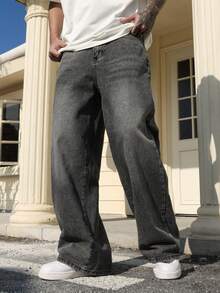 Manfinity Hypemode Men's Black Loose Fit Wide Leg Casual Jeans Baggy Jeans Men Wide Leg - Light Grey - View 3