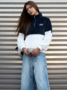 SWAVVY 男士抓绒字母刺绣四分之一拉链套头衫，秋冬款 - 藍色 - 查看 5