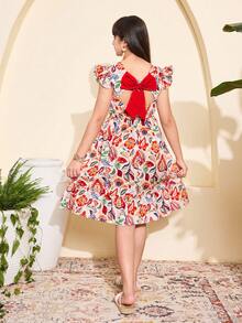 Vestido de verano vintage con estampado floral, manga corta, volantes y lazo en la espalda para niña preadolescente - Multicolor - Ver 5