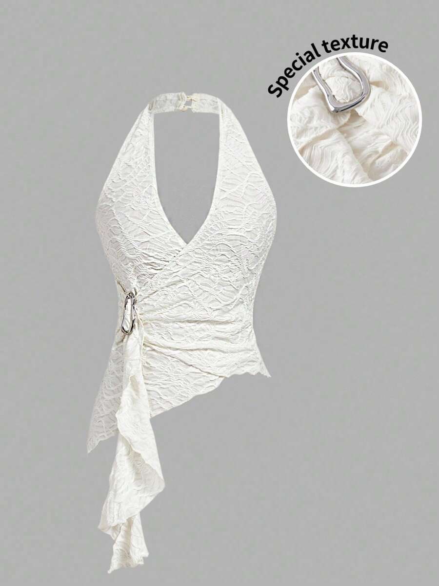 SHEIN MOD 女士纯色露背荷叶边不对称下摆时尚百搭吊带背心 - 杏色 - 查看 1