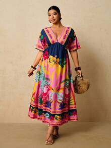 Travachic 大码女式热带植物印花度假连衣裙 鹦鹉印花连衣裙 V领短袖宽松连衣裙 - 彩色 - 查看 6