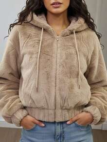 Chamarra de Peluche Corta para Mujer con Capucha, Cierre Completo y Ajuste Elástico, Abrigo Ligero de Invierno - Avena - Ver 2