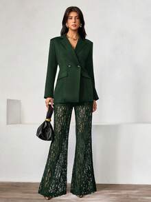 Chiquease Women's Elegant Loose Double-Breasted Long Sleeve Blazer Jacket And Flared Lace Pants Set, Spring/Autumn - Dark Green - View 5