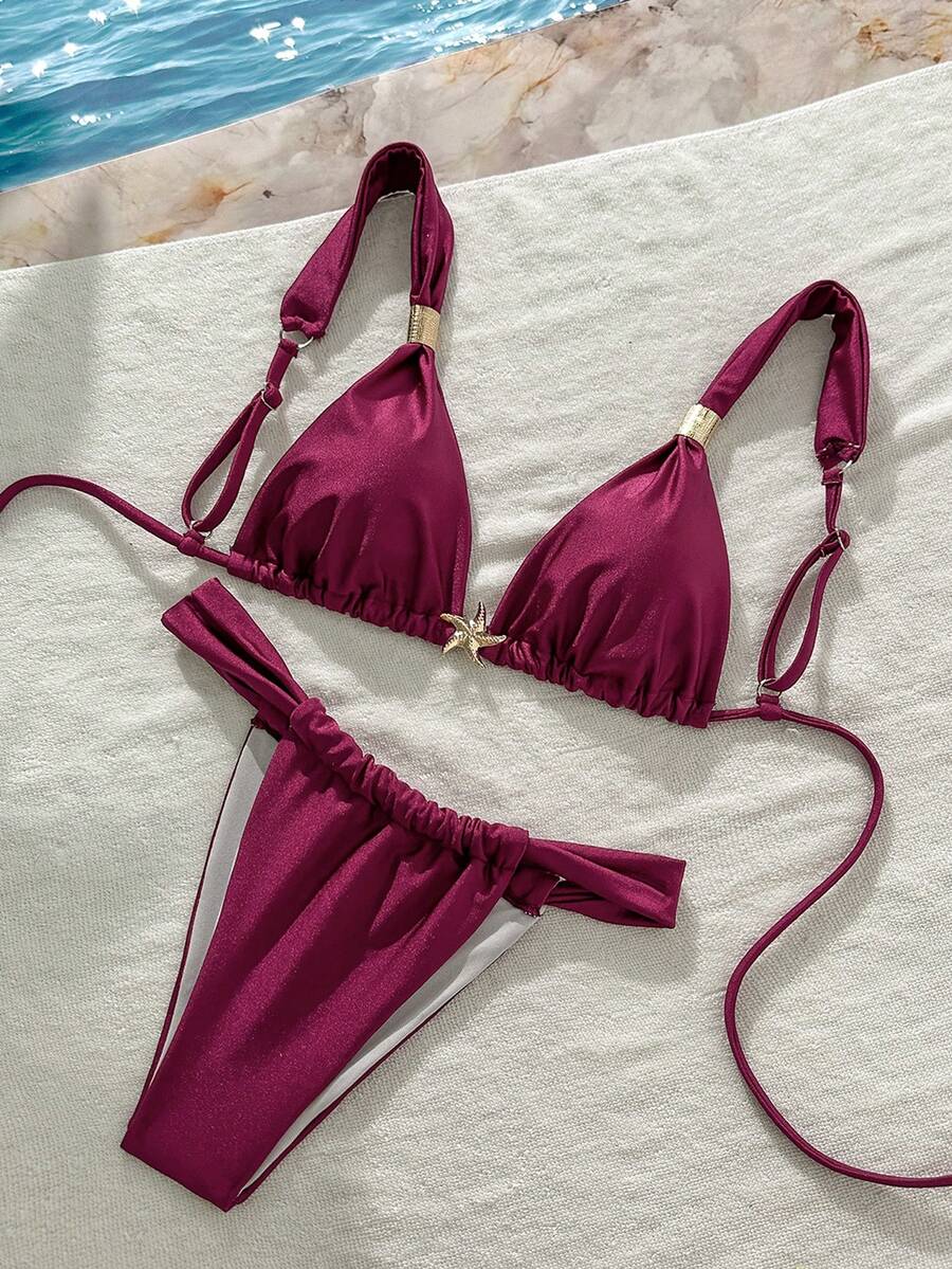 Swim Vcay 女士纯色纹理面料比基尼两件套,适合度假、海滩、休闲派对 - 酒紅色 - 查看 1