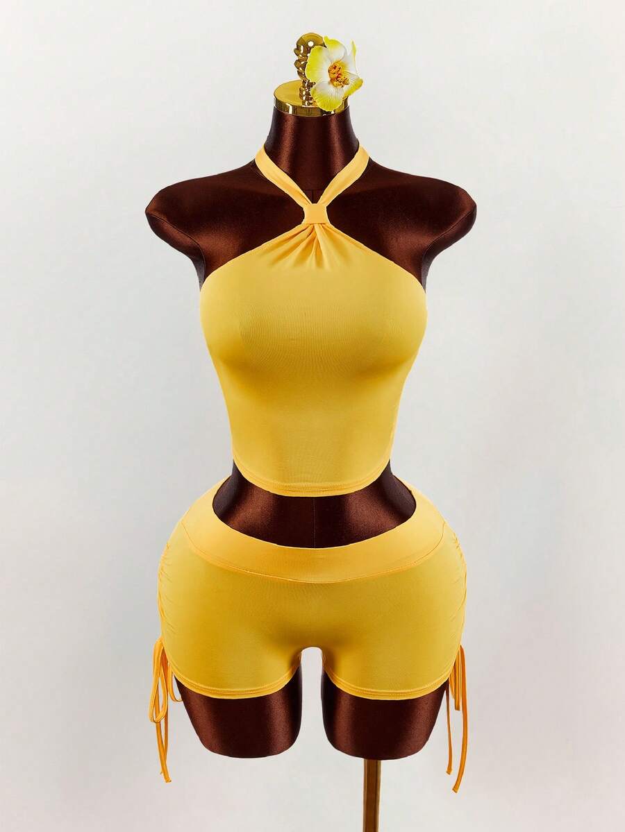 Amplova 2pcs Yellow Heart Sexy Backless Ruched Drawstring Detail Crop Top & Wide Waistband Sexy Set - Yellow - View 1