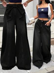 SHEIN Girls' Loose Fit Blue Denim Pants With 3D Bow Design At Waist - Black - View 6