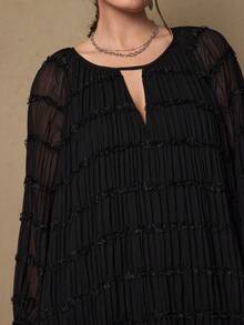 Freevana Plus Size Elegant Solid Color Textured Hollow Out Midi Dress, Suitable For Commuting Boho Dress Business Casual Western Resort Wear Women Valentines Chiffon Dress Brunch Outfits For Women Pleated Dress Textured Dress - Black - View 8