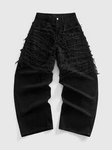 ROMWE MEN Grunge Punk 男士休闲日常宽松牛仔裤，带口袋、纽扣和毛边裤脚设计 - 黑色 - 查看 5