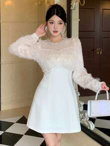 DAZY Đầm nữ thanh lịch dáng lửng, có tua rua, phối nhiều mảnh, thích hợp cho công sở. - Màu be - Xem 3