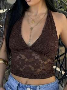 AfricaSnchz 露背 V 领弹力性感可爱蕾丝夏季女式波西米亚风露背上衣，演唱会女装，女式街头服饰，狂欢 - 咖啡棕 - 查看 3