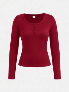 SHEIN 少女黑色纯色半拉链休闲针织长袖T恤 - 酒紅色 - 查看 4