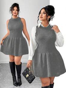 Elenzga Plus Size Women Autumn/Winter Knitted Sleeveless Dress With Ruffle Hem, Solid Color Sweater Dress - Dark Grey - View 1
