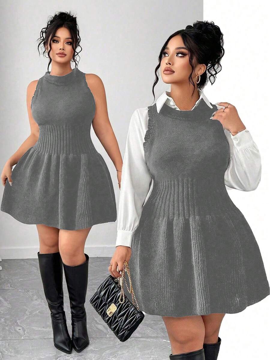 Elenzga Plus Size Women Autumn/Winter Knitted Sleeveless Dress With Ruffle Hem, Solid Color Sweater Dress - Dark Grey - View 1