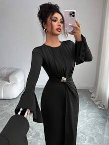 Elenzga Women's Solid Color Round Neck Flare Sleeve Waist Decorated Button Long Dress - Black - View 7