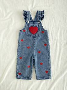 SHEIN Vintaside Kids 1pc Baby Girl Blue Denim Casual Cute Embroidered Floral Strap Denim Jumpsuit, Suitable For Outings And Parties