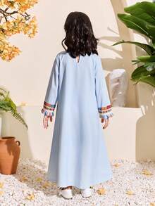 Arabic Style Young Girl Light Blue Dress,Comfortable Loose Fit Tassel Trim Casual Gown For Festivals & Family Matching,Cerise Pink,Autumn Essentials - Baby Blue - View 2