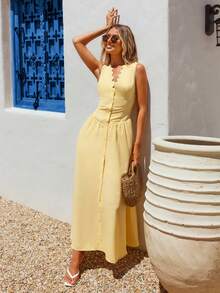 Vivid Eden 女士纯色贝壳边饰无袖褶皱荷叶边优雅连衣裙 - 鵝黃色 - 查看 4