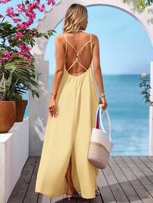 Vivid Eden V-Neck Backless Casual Textured Fabric Dress For Women, Suitable For Outing & Vacation - Light Yellow - View 6