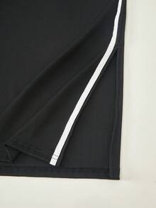 SHEIN 女童休闲百搭日常通勤女士黑白撞色滚边短款针织连衣裙，可搭配母女装和姐妹装 - 黑色 - 查看 5