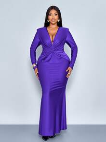 SOLERSUN 大码女式优雅纯色亮面面料前后扭结深V领褶皱长袖紧身性感鱼尾长裙，时尚小众设计气质轻奢连衣裙，简约时尚长裙，适合派对、万圣节、圣诞节、新年、婚礼季、伴娘礼服、节日服装、秋季、冬季穿着。 - 紫色 - 查看 6