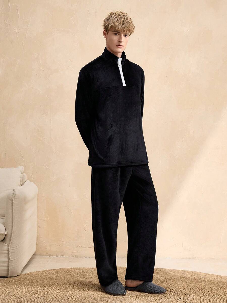 EverLounge Fleece Crew Neck Top And Pants Men's Pajama Set - Black - View 1