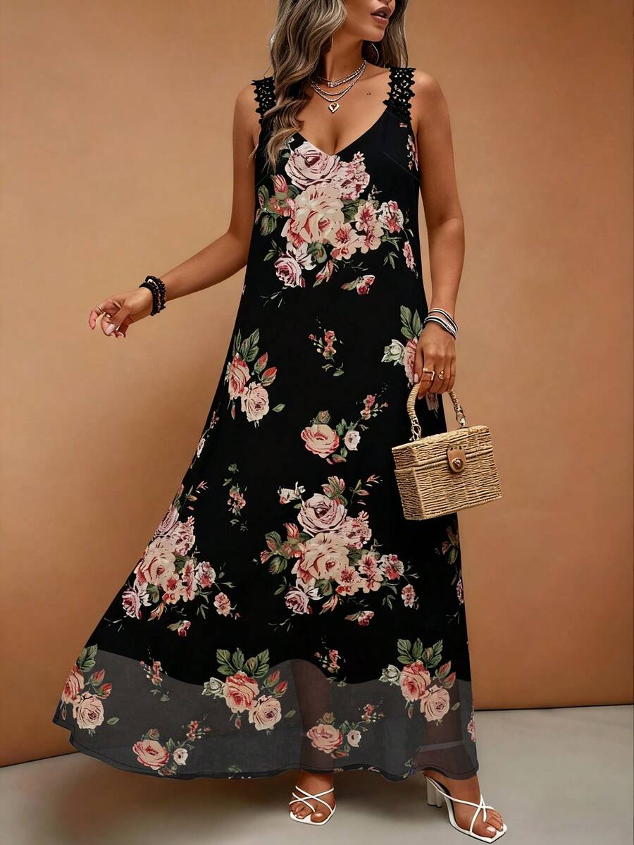 EMERY ROSE Plus Size Floral Print Maxi Dress With Lace Trim Spaghetti Strap Chiffon Lining, Elegant & Romantic, Spring/Summer Maxi Dress Casual Long Floral Dress Women Maxi Floral Dress Summer Maxi Dress Women Long Summer Dress - Black - View 1