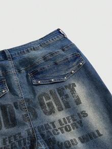 ROMWE Grunge Punk Plus Size Casual Washed Slogan Print Flare Jeans - Medium Wash - View 3