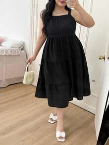 CovetEZ Vestido informal de talla grande de línea A sin mangas de color liso minimalista para primavera/verano - Negro - Ver 5