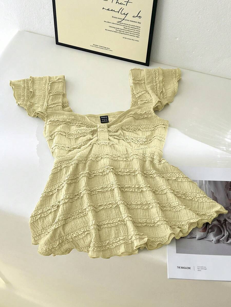 Elamini 女士方领休闲宽松腰部褶皱T恤，春夏款 - 黃色 - 查看 1