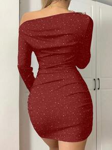 SHEIN EZwear 女士纯色圣诞派对网纱紧身迷你红色连衣裙 - 紅色 - 查看 3