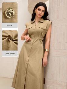 Seusyu Đầm cotton không tay cổ chữ V, eo thon, dài đến đầu gối dành cho nữ - Màu Khaki - Xem 3