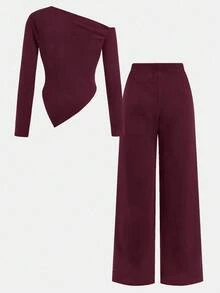 SHEIN 两件套少女休闲针织不对称领T恤和阔腿裤套装，适合秋冬季日常休闲穿着 - 酒紅色 - 查看 2