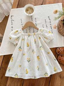 SHEIN Babygirl Cute Green Plaid Short Sleeve Bow Loose Sundress, Summer - Multicolor - View 2