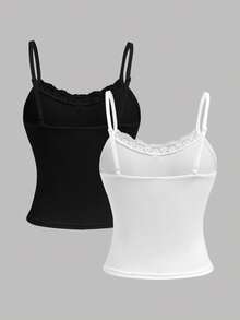 Girlism 2件套少女黑白针织吊带背心，蕾丝边饰蝴蝶结点缀，简约基础款吊带背心，春夏款